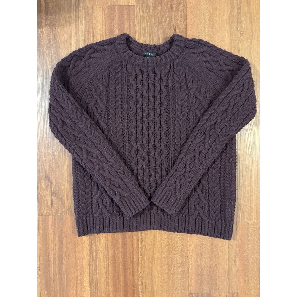 Theory Cable Knit Wool‎ Sweater Brown Crewneck Size Small 99% Wool Classic
